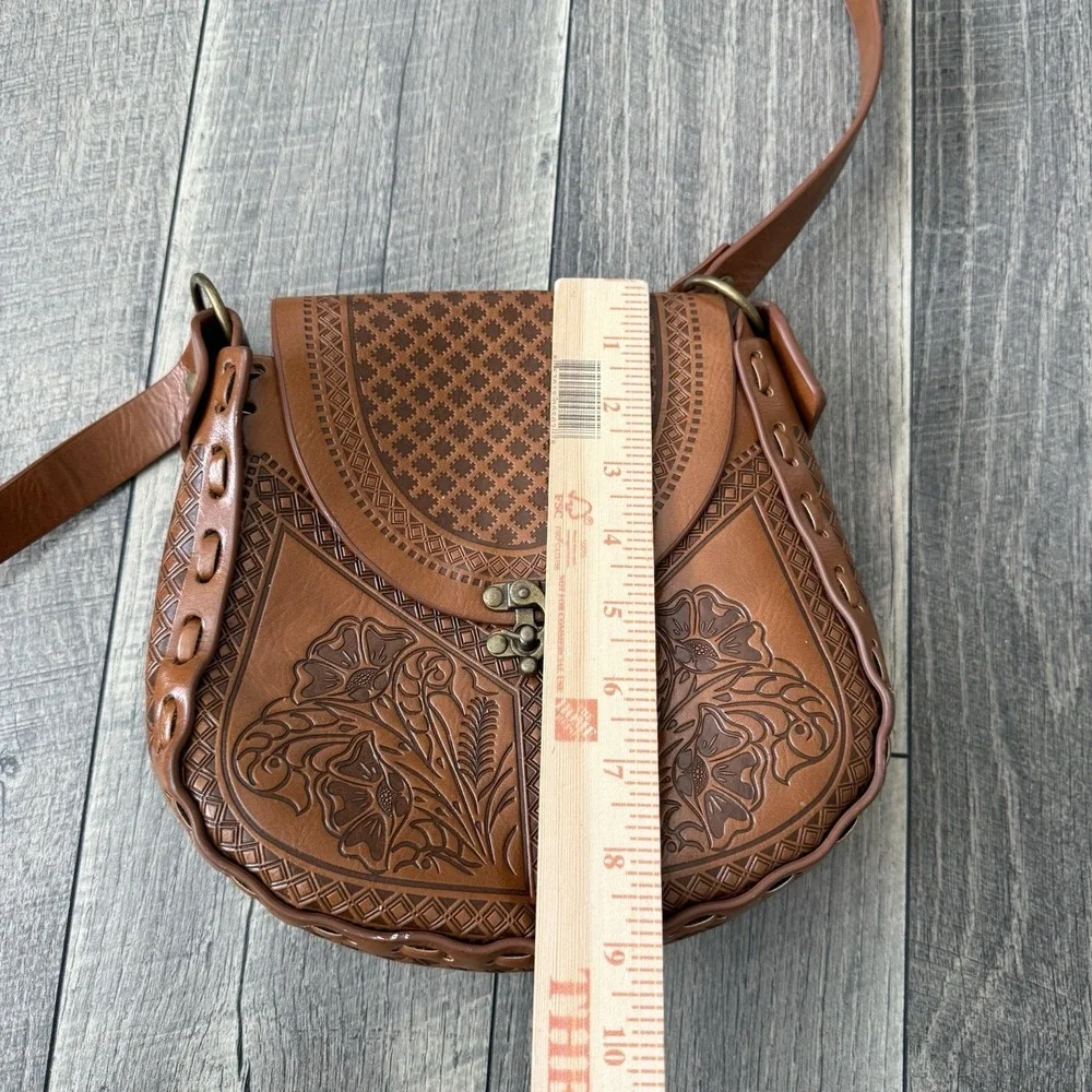 Alma Mia Tooled Leather‎ Crossbody Bag Brown Boho Western Saddle Floral Embossed